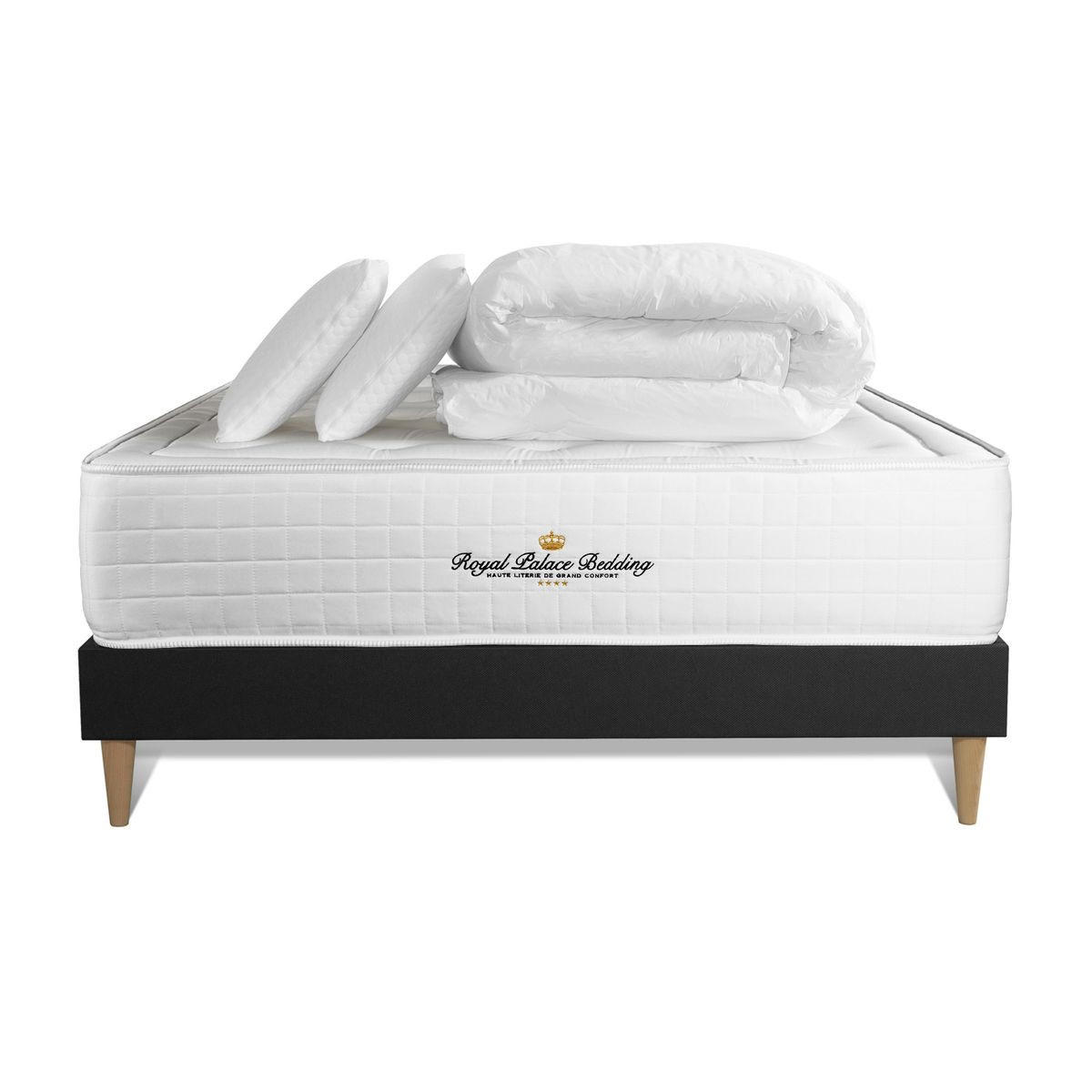BETT Buckingham Memory-Schaum 140 x 190 cm h1 - Kit Bettgestell Schwarz - Mit Kissen und Bettdecke - Beige/Schwarz, Karton/Holz (140/190cm) - ROYAL PALACE BEDDING