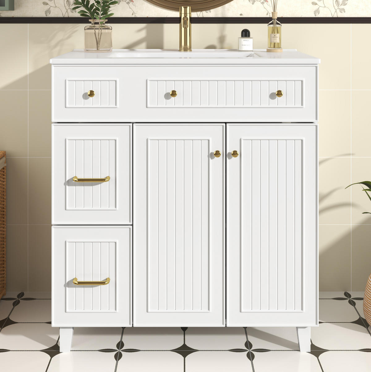 FREISTEHENDER Waschtisch mit Keramikbecken, MDF 81,7x46.8x90 cm, Weiß, Stauraum, pflegeleichte Oberfläche - Weiß, Holzwerkstoff (81.7/90/46.8cm) - Modfu