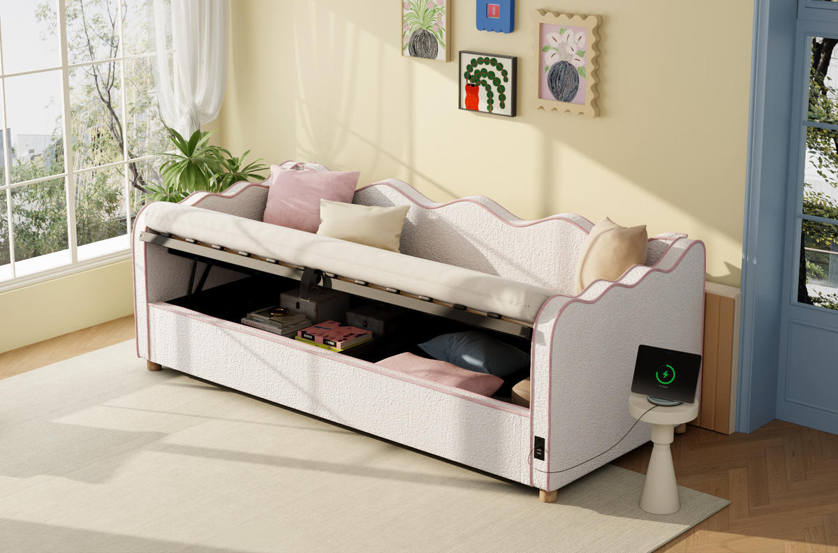 KINDERBETT 90/200 cm mit hydraulischem Stauraum, USB- und Type-C-Anschluss, Bouclé-Bezug, Beige - Beige, Textil (90/200cm) - Redom