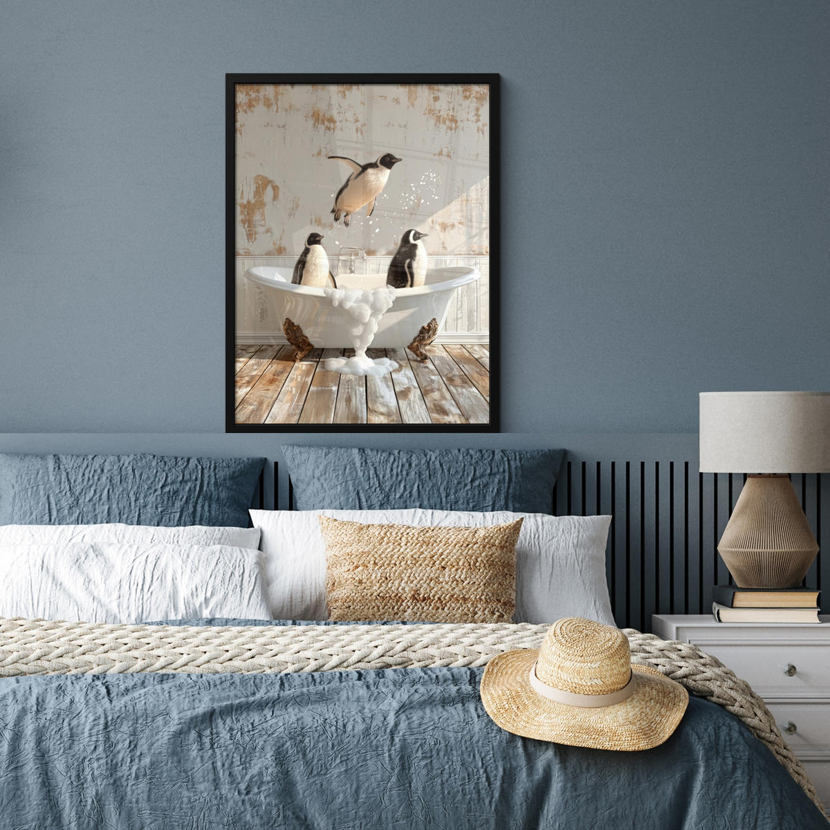 GERAHMTES BILD Vintage - Pinguin - Badewanne - Schaumstoff 60x80 cm - Schwarz, Papier (60/80cm) - MuchoWow