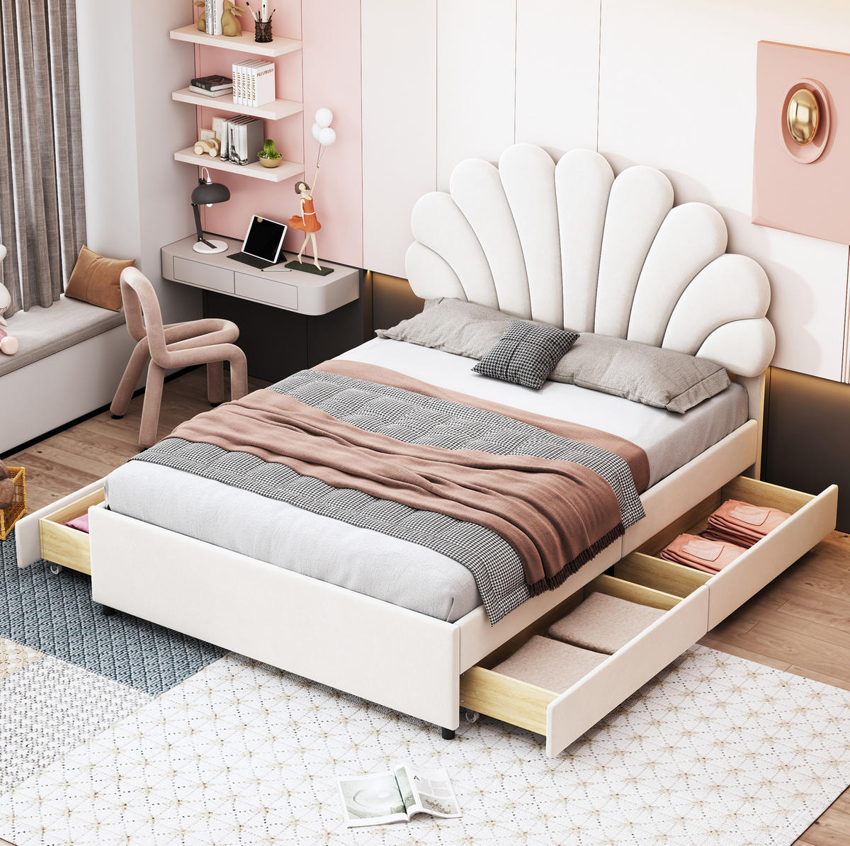 POLSTERBETT aus Samt 140x200 cm Beige mit 4 Schubladen und Lattenrost - Beige, Textil (140/200cm) - IVMEU