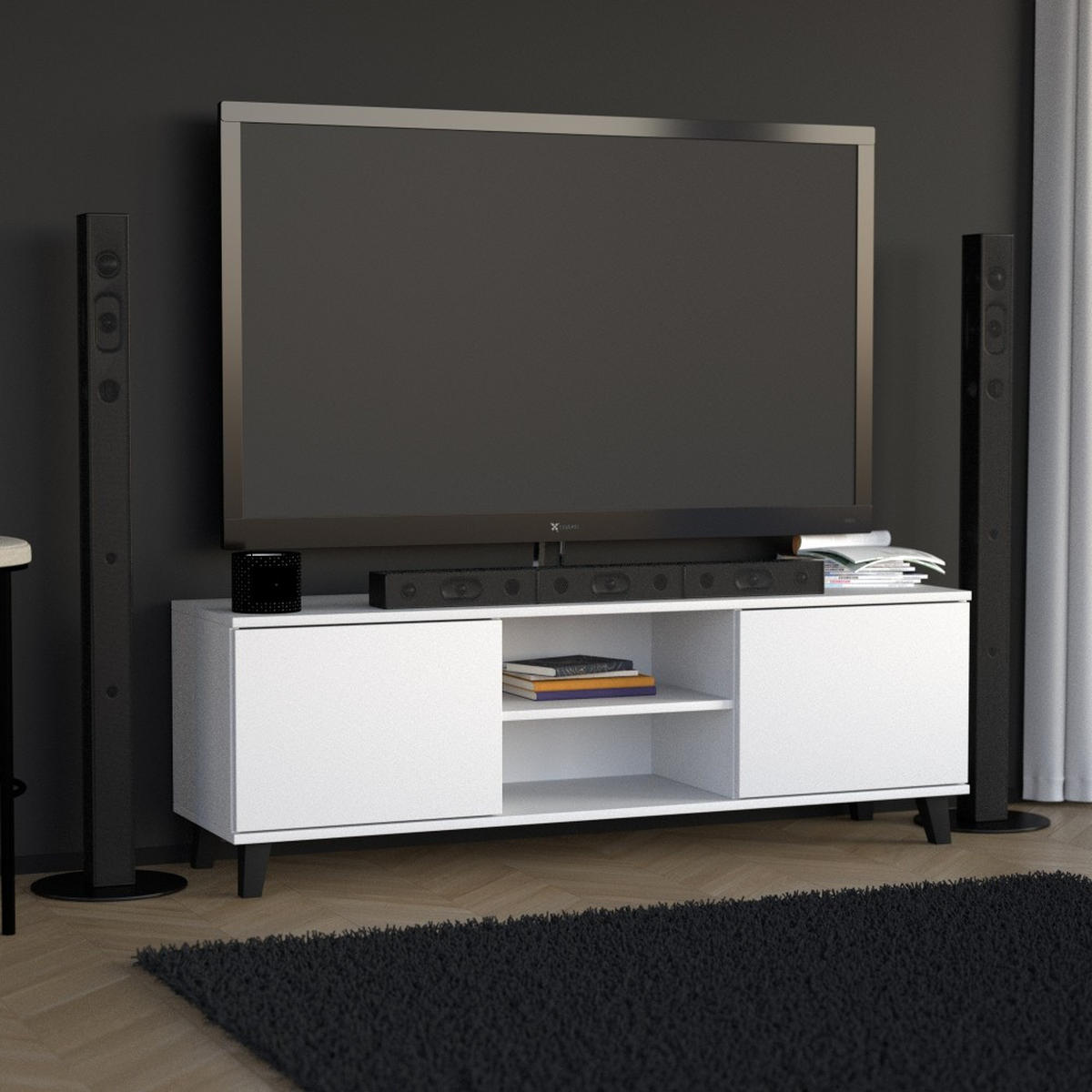 LOWBOARD Home mit 2 Türen, ohne Griffe, Weiß - Schwarz/Weiß, Holzwerkstoff (150/50/40cm) - Beautysofa