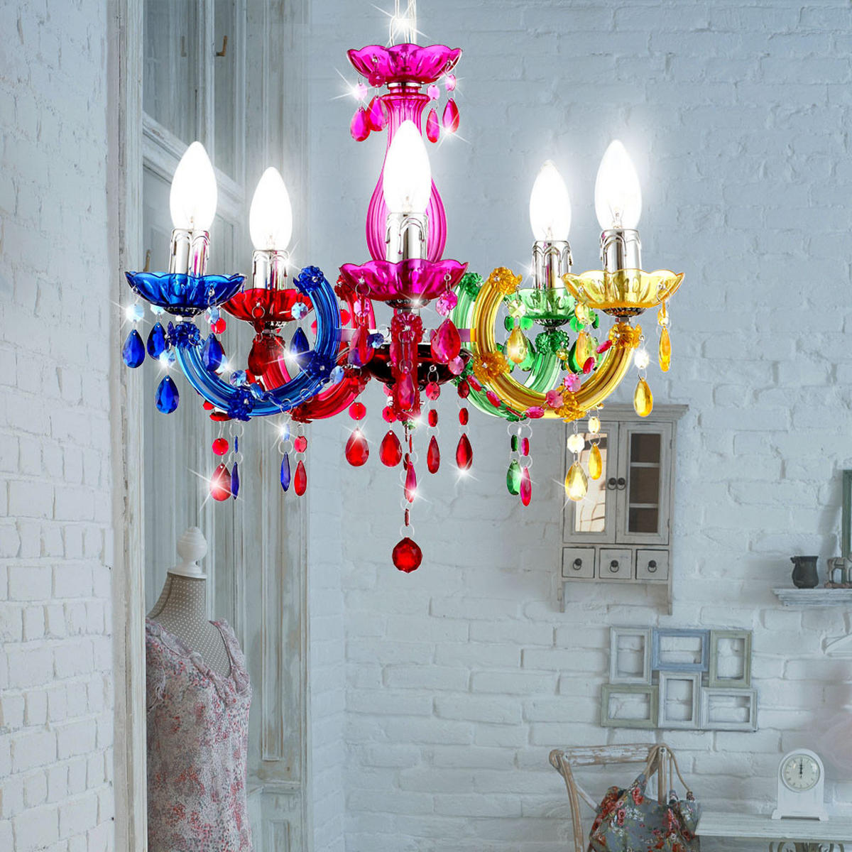 KRONLEUCHTER Kristalle Bunt 5-flammig - Multicolor, Metall (44/44/128cm) - Globo Lighting