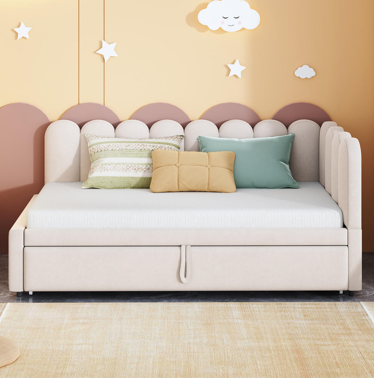 POLSTERBETT 90/200 cm aus Samt mit Ausziehbett, Beige - Beige, Textil (90/200cm) - OKMYHOME