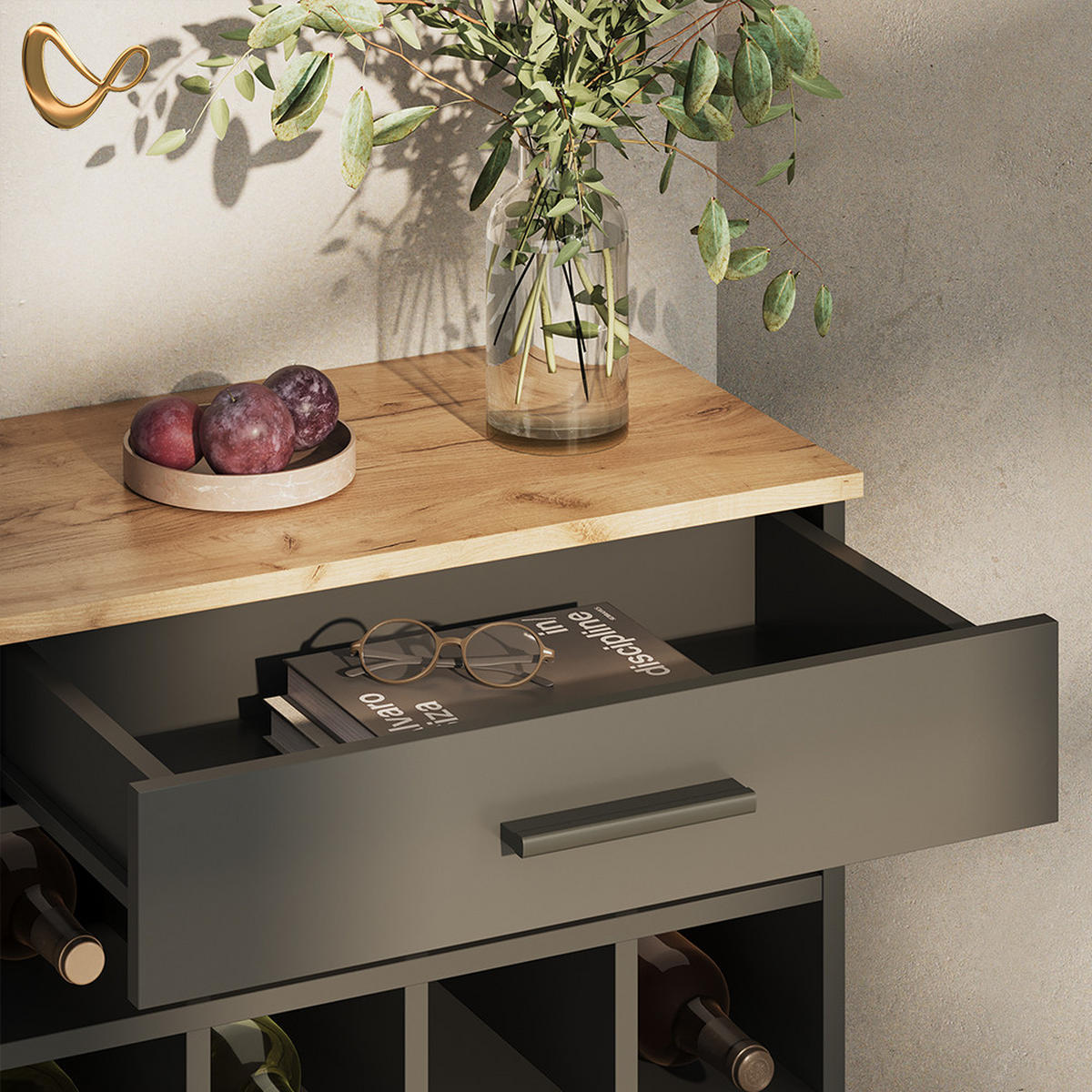 WEINREGAL Regusa Goldkraft Eiche/Anthrazit 60 x 106 cm - Honigeiche/Anthrazit, Holzwerkstoff (60/106/34.5cm) - Livinity®