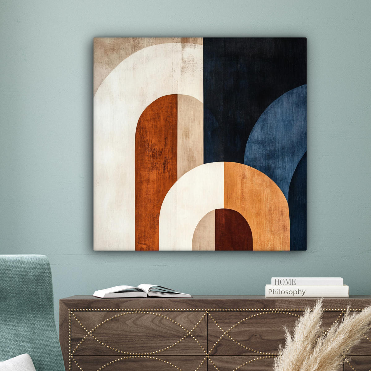 LEINWANDBILD Abstrakt - Formen - Dunkelblau 90x90 cm - Cognac, Textil (90/90cm) - MuchoWow