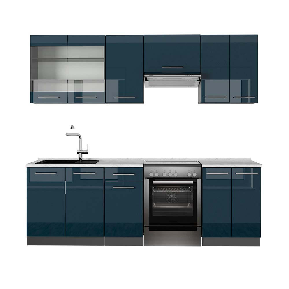 KÜCHENZEILE Fame-Line Dunkelblau Hochglanz/Anthrazit 240 cm, AP Marmor - Anthrazit/Dunkelblau, Holzwerkstoff (240/81.6/60cm) - Vicco