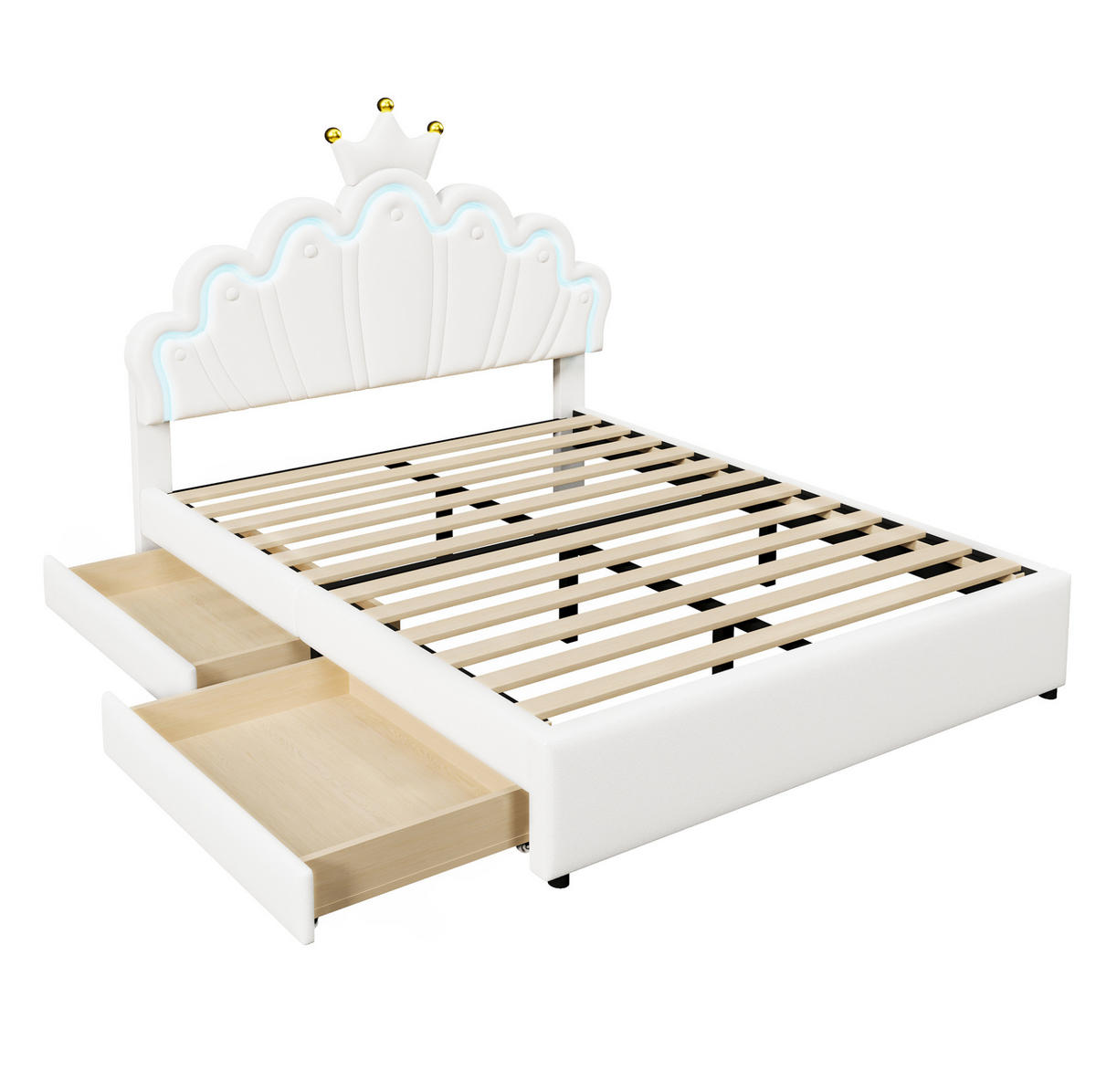 POLSTERBETT 140/200 cm aus PU mit LED-Ambientelicht, 2 Schubladen und verstellbarem Kopfteil, Weiß - Weiß, Leder (140/200cm) - Redom