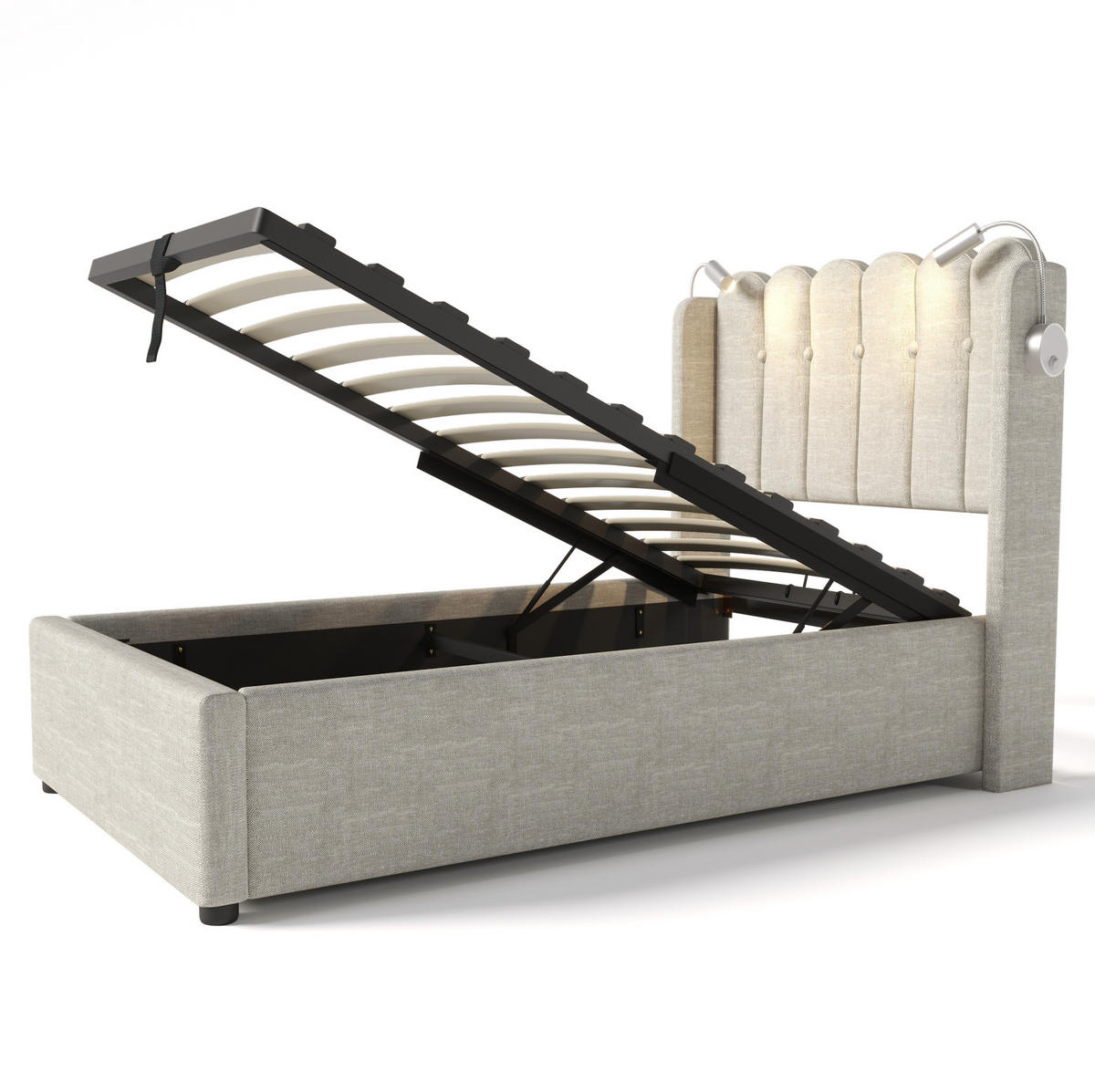 POLSTERBETT 90/200 cm mit hydraulischem Bettkasten, Leselicht & 2 USB-Anschluss, Natur - Naturfarben, Textil (90/200cm) - Redom