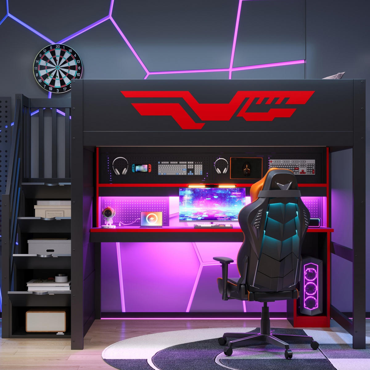 HOCHBETT aus MDF und Sperrholz 140x200 cm Schwarz/Rot mit Schreibtisch, Stauraumtreppe, LED und USB - Schwarz, Holzwerkstoff (140/200cm) - IVMEU