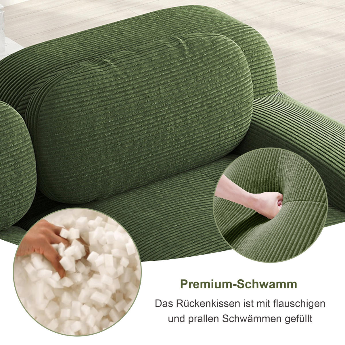 2-SITZER SOFA Cord Grün mit rutschfester Unterseite - Grün, Textil (208/75/103cm) - WISHDOR