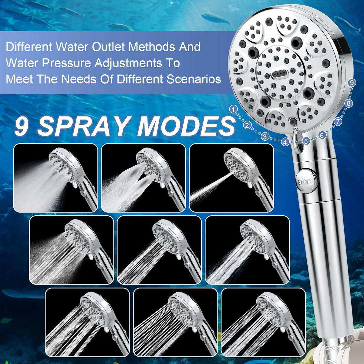 DUSCHKOPF mit Schlauch 2M 9 Strahlarten 15-stufige Filterung Hochdruck Wassersparend Stoppfunktion Chrom - Silberfarben, Metall (12.7/12.7/26cm)
