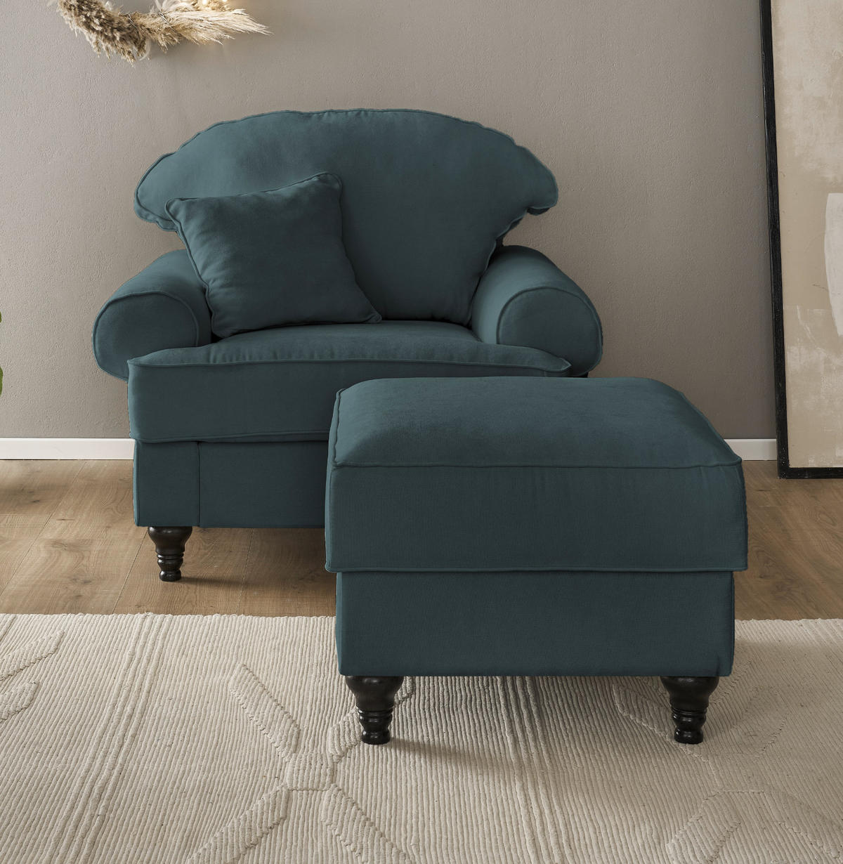 SESSEL-SET blaugrün Landhaus, Loungesessel inklusive Hocker - Dunkelgrün/Braun, Holz/Textil (175/95/110cm) - Furn.Design