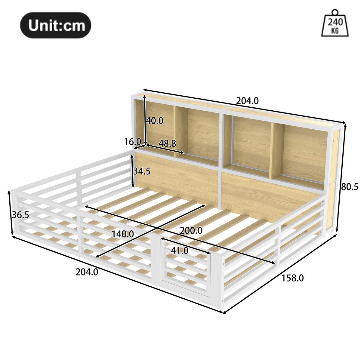 KINDERBETT 140/200 cm in Weiß mit Stauraumfächern, Rausfallschutz und LED - Weiß, Holzwerkstoff (140/200cm) - BEAOK
