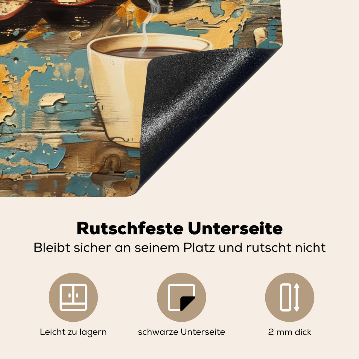 HERDABDECKPLATTE Kaffee - Vintage - Braun - Tasse Herdabdeckung Induktionsfeld 70x52 cm - Teakfarben, Kunststoff (70/52/0.2cm) - MuchoWow