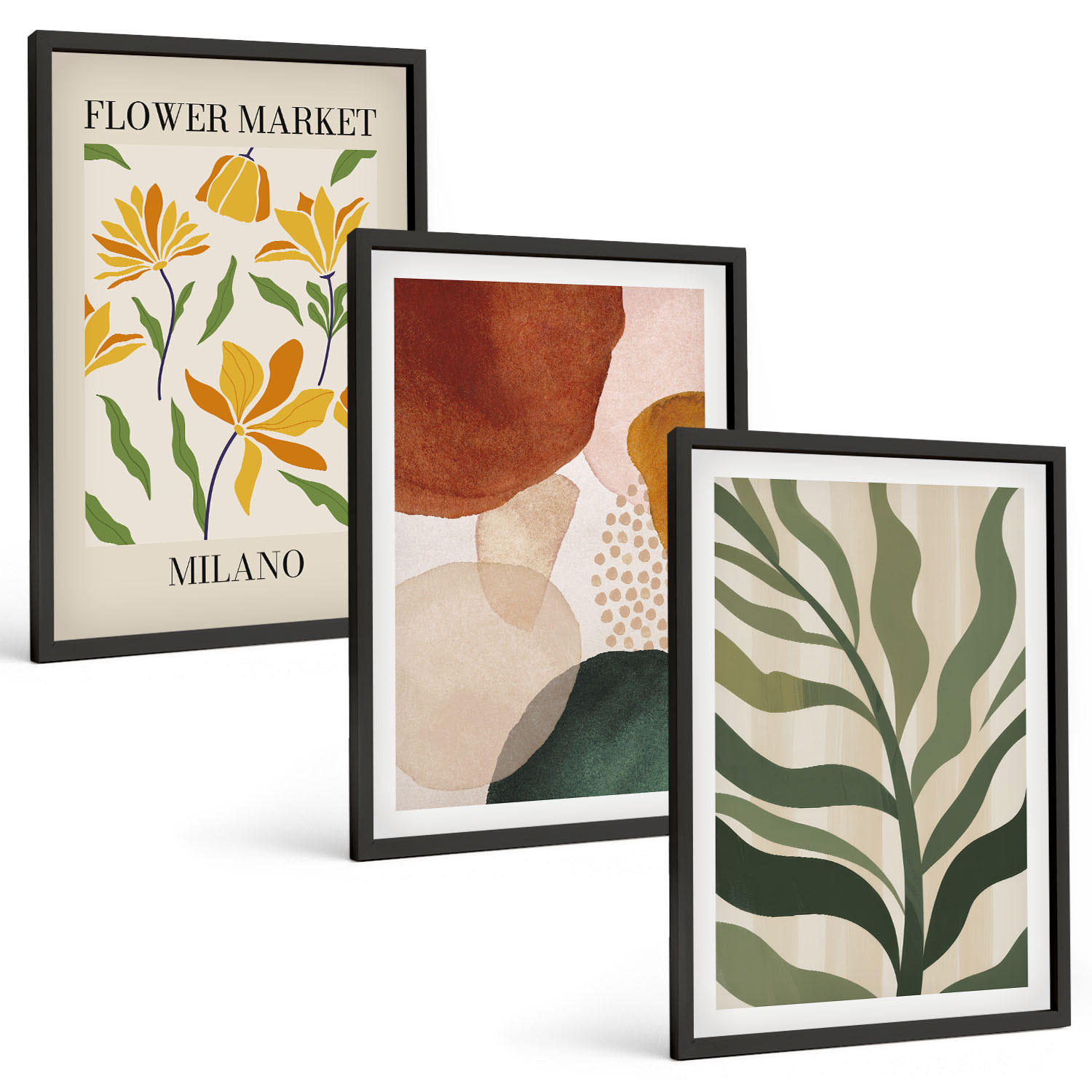 BILDER SET 3er Set - 40x60 cm Schwarzer Rahmen - Florale abstrakte Formen - Schwarz, Kunststoff (40/60cm) - TULUP