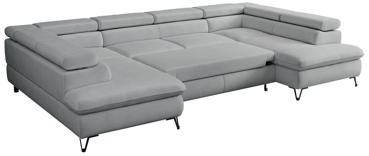 WOHNLANDSCHAFT PETER U Samt Hellgrau - Hellgrau/Schwarz, Textil/Metall (346/76/208cm) - MKS