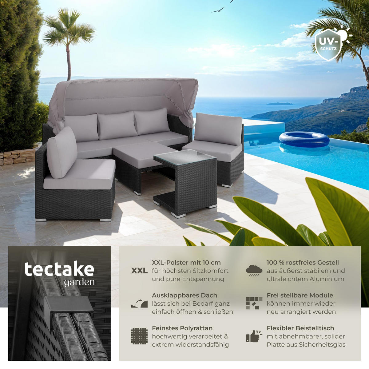 RATTANLOUNGE San Marino,mit Sicherheitsglasplatte, variabel aufstellbar,schwarz - Schwarz, Kunststoff (68/131cm) - tectake