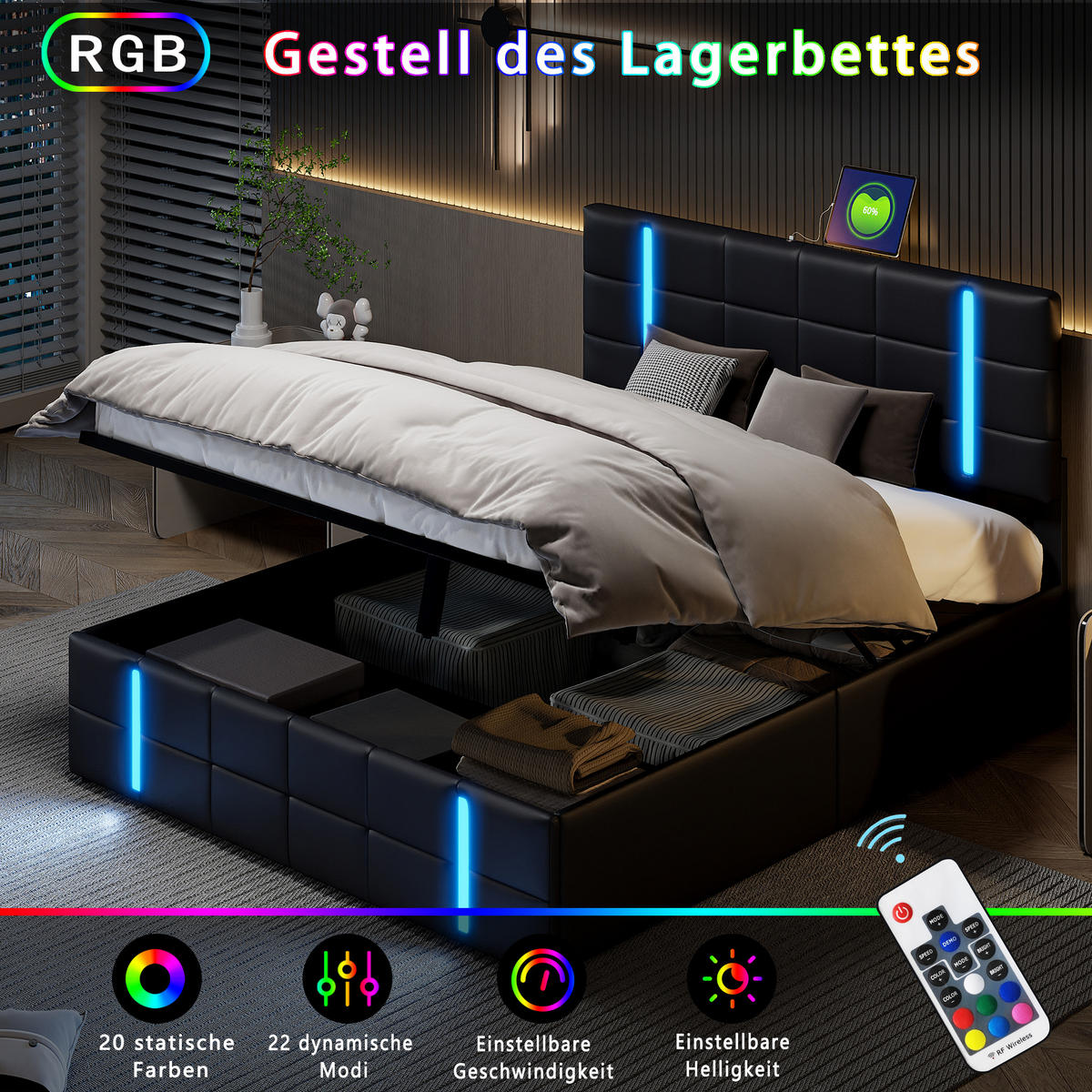 POLSTERBETT 160x200 cm, Schwarz, mit Bettkasten & LED-Beleuchtung - Schwarz, Textil/Metall (160/200cm)