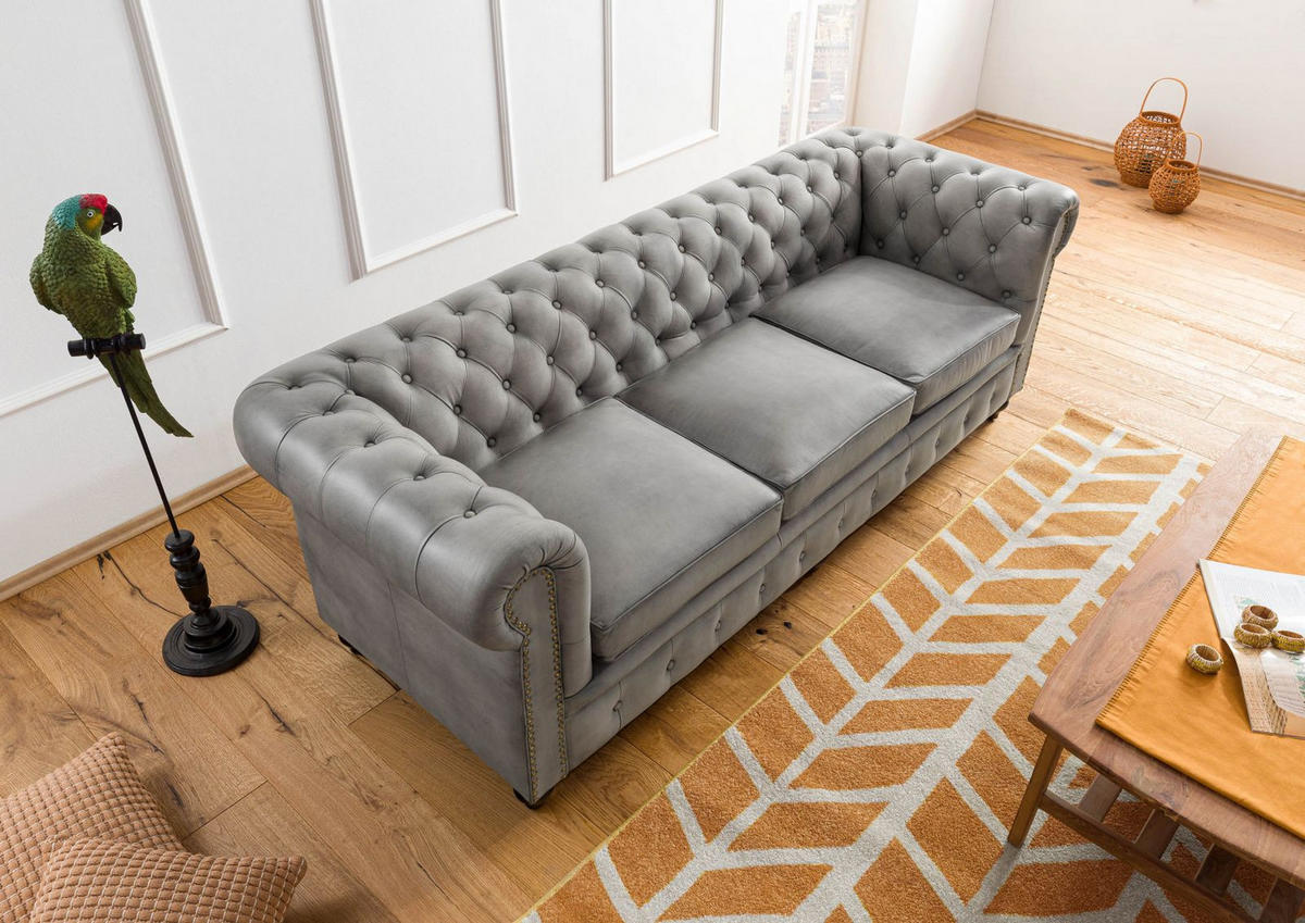 SOFA 3-Sitzer Echtleder 216x82x75 grau CHESTERFIELD #203 - Grau, Leder (216/75/82cm) - Massivmoebel24