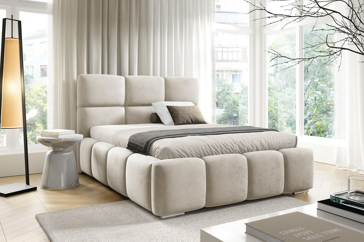 POLSTERBETT TRIO, 180x200 cm, Doppelbett mit Bettkasten, Velourstoff, Frabe: Beige - Beige, Holz/Kunststoff (180/200cm)