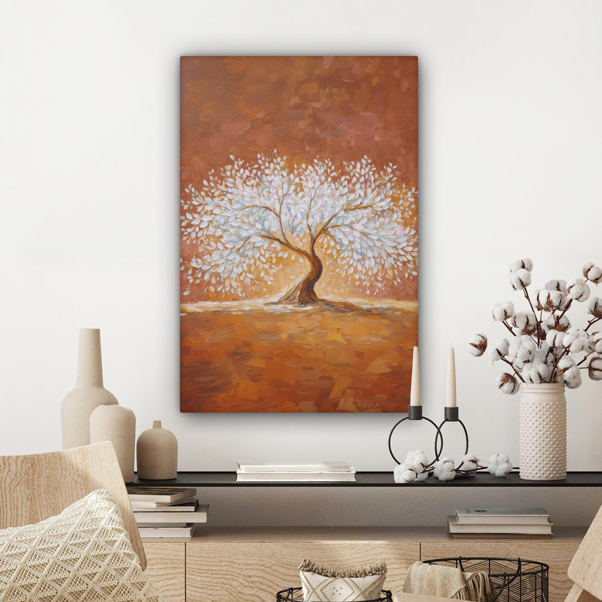 LEINWANDBILD Abstrakt - Baum - Weiß - Blätter Wanddeko 40x60 cm - Braun, Textil (40/60cm) - MuchoWow