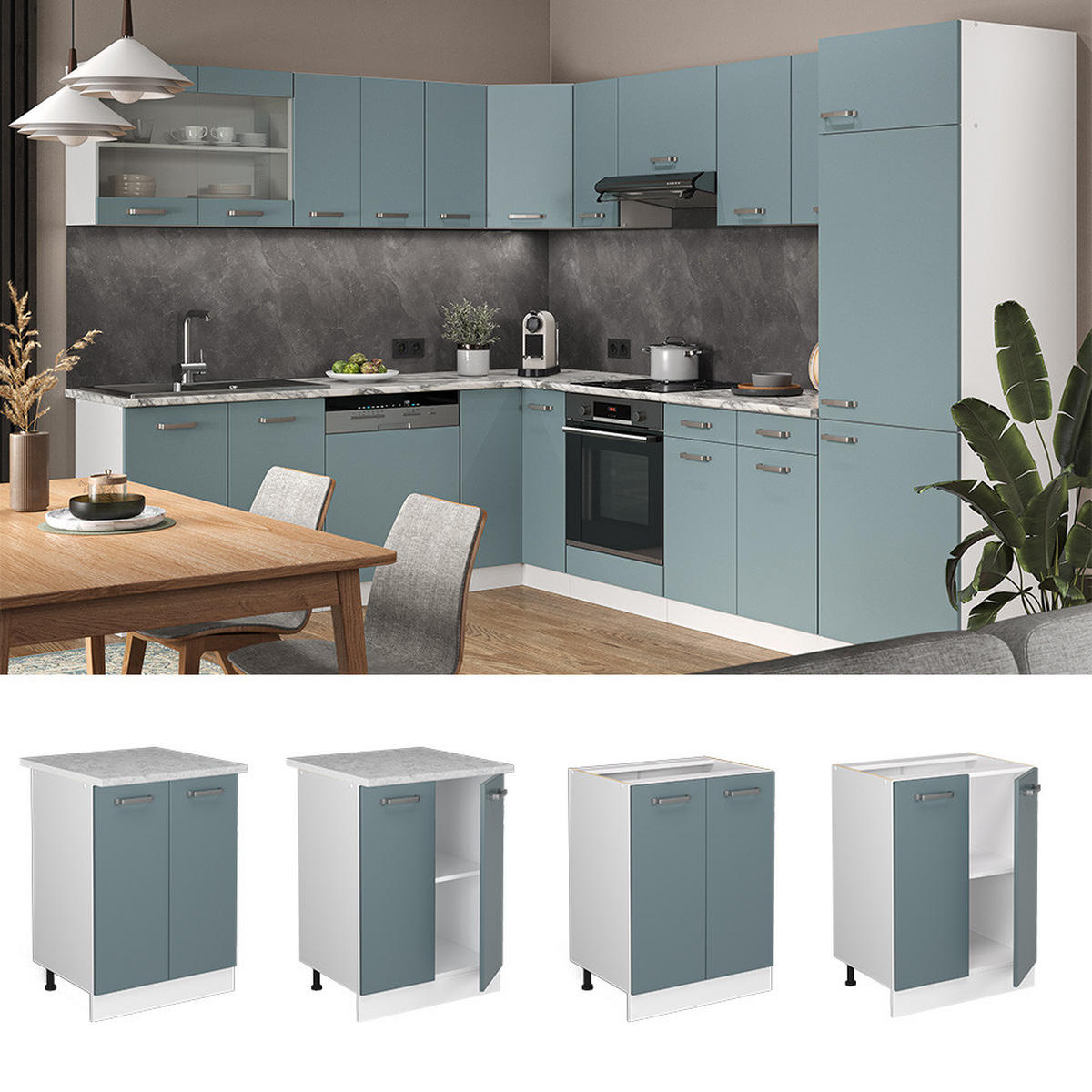 KÜCHENUNTERSCHRANK R-Line Blau-Grau 60 cm, AP Eiche - Blaugrau/Weiß, Holzwerkstoff (60/81.6/60cm) - Vicco