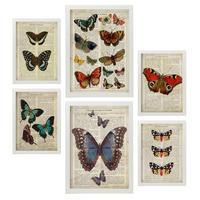 POSTER Set Mit 6 Schmetterlinge Vintage Papier Stil Plakate Mit Enzyklopädie Hintergründen Bunte Schmetterlinge Innenarchitektur A3 & A4 Weißer Rahmen - Weiß, Papier (29/3cm) - Nacnic