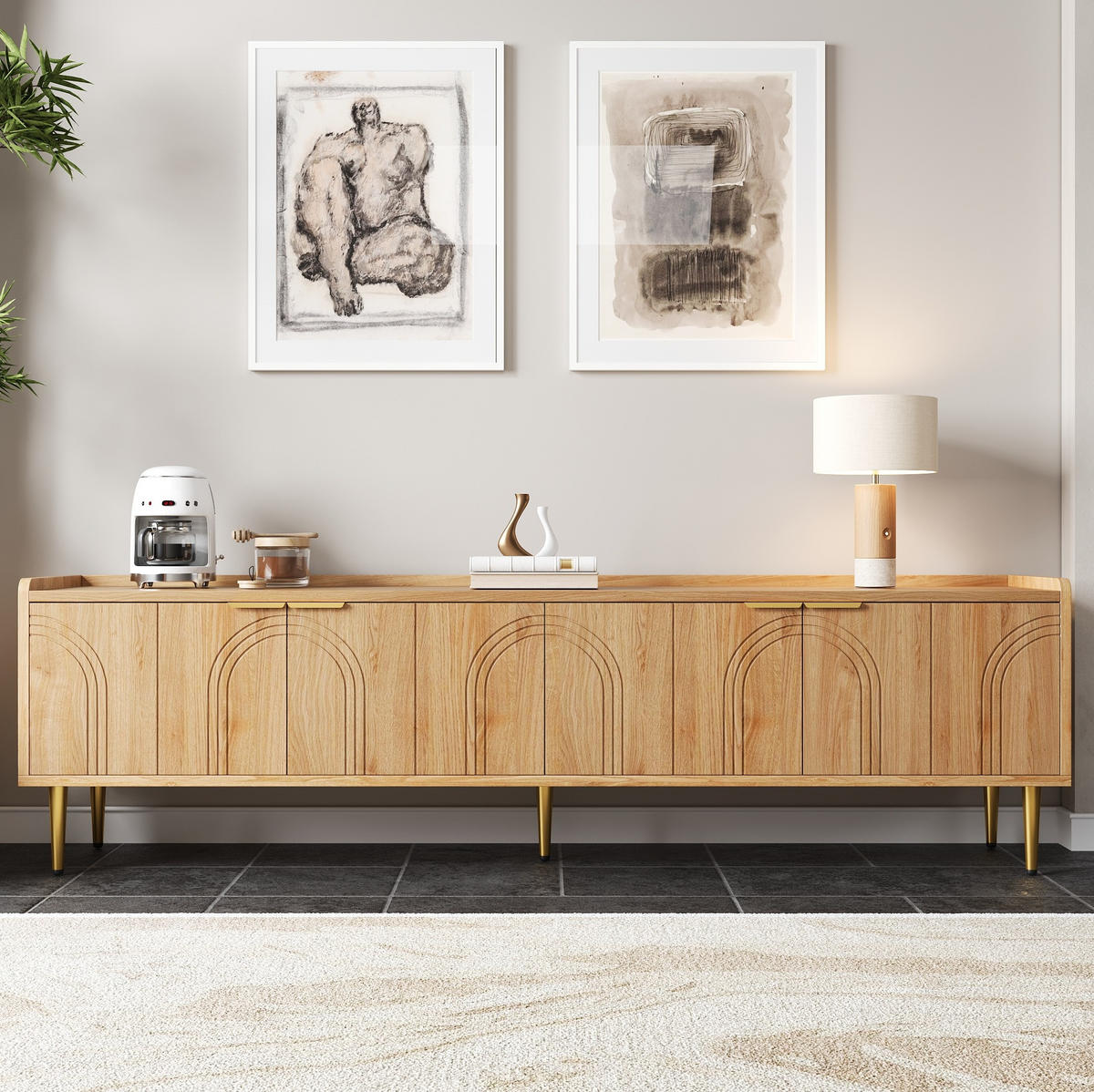 TV-LOWBOARD aus MDF 170x35x47,5 cm Natur mit Stauraum, Kabelmanagement und goldfarbenen Metallbeinen - Naturfarben, Holzwerkstoff (170/47.5/35cm) - IVMEU