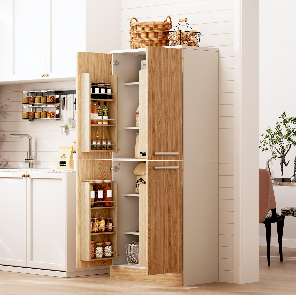 BUFFETSCHRANK 42/76/180 cm mit 4 Türen, verstellbaren Böden und Kippschutz, Weiß/Natur - Weiß, Holzwerkstoff (76/180/42cm) - Redom