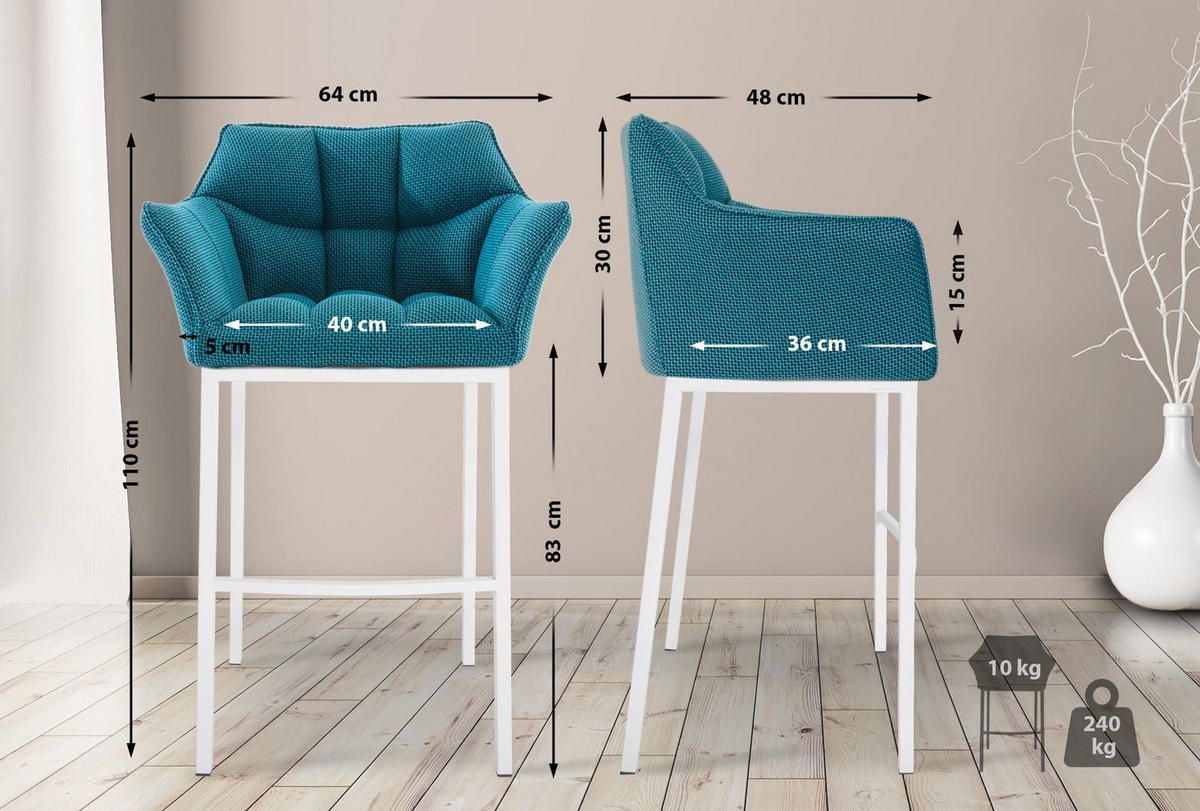 BARHOCKER 2er Set Stoff Türkis - Türkis/Weiß, Textil/Metall (64/110/48cm) - CLP