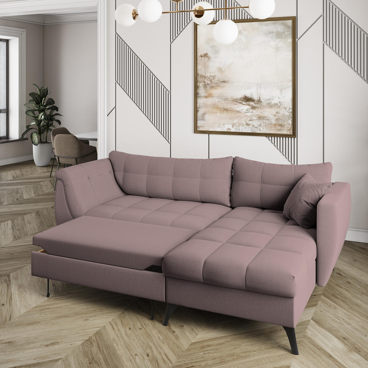 ECKSOFA MOLLIS Rosa Geflochtener-Stoff mit Schlaffunktion - Rosa, Holz (241/154cm) - MASSENO