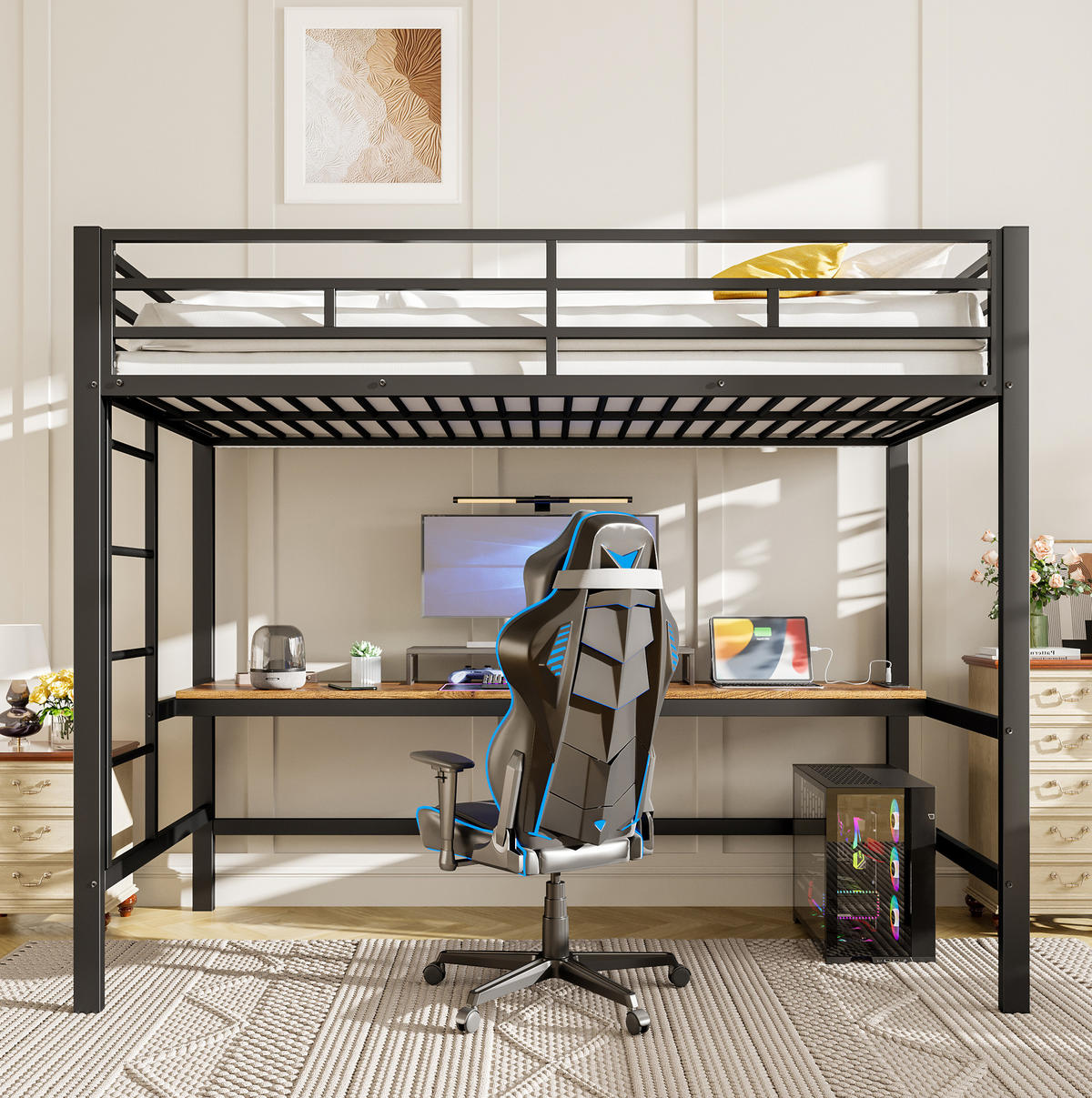 HOCHBETT 90/200 cm aus Metall und MDF mit Schreibtisch, LED-Lichtleiste und USB Schwarz - Schwarz, Metall (90/200cm) - Modenvie