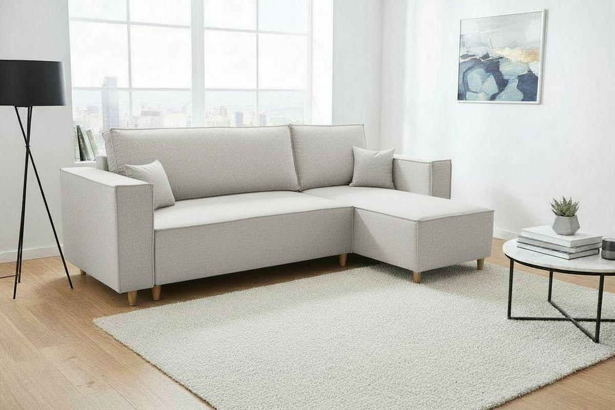 ECKSOFA RIO mit Schlaffunktion und Bettkasten, Farbe: Hellgrau, Velourstoff, Ottomane Universal - Hellgrau, Textil (249/142cm) - Marpur