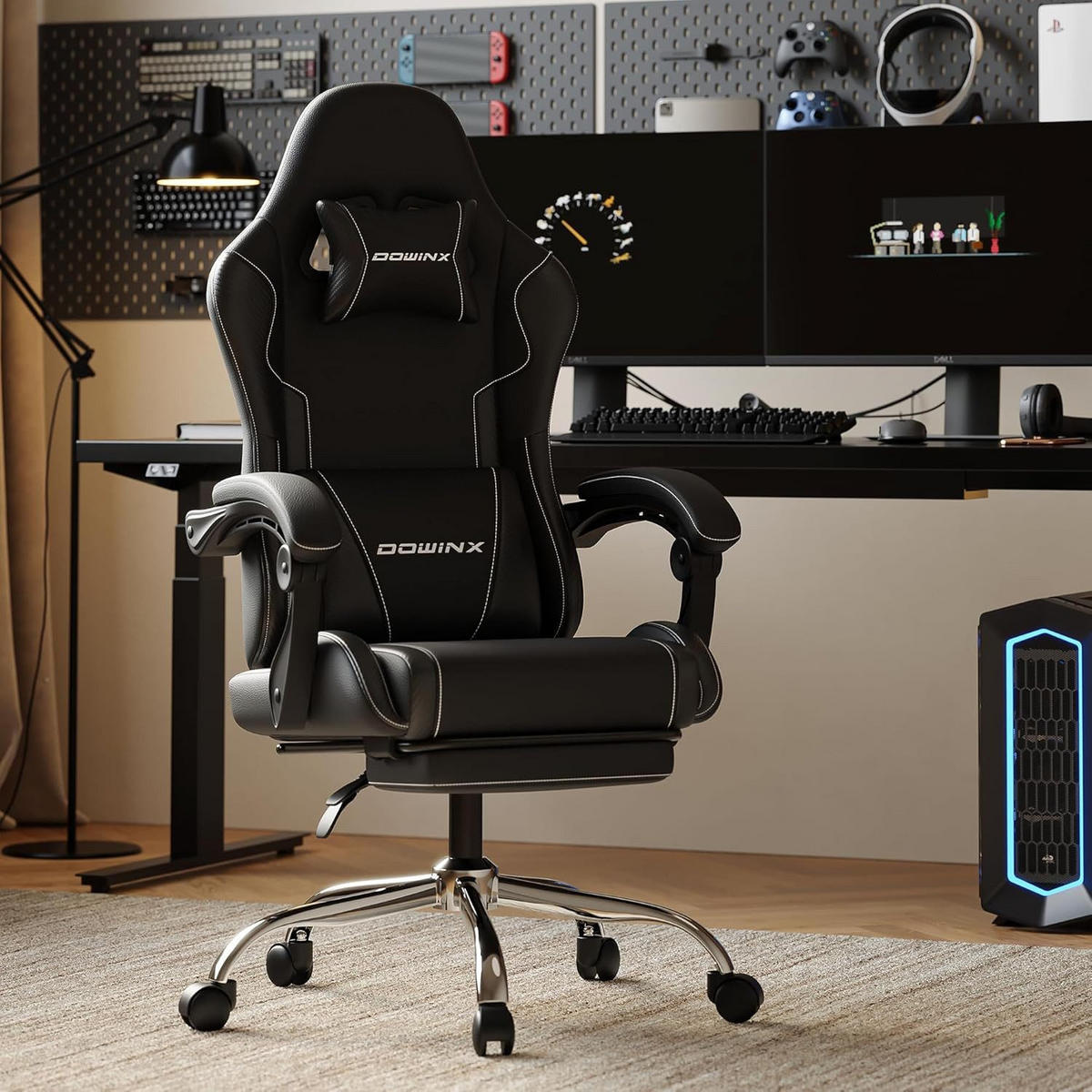 GAMING Stuhl PU-Leder Ideal Für Büro, Home, Streaming und Lange Gaming - Schwarz, Leder (65/123/70cm)