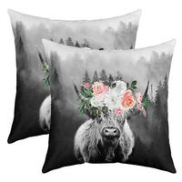 KISSENBEZUG 2er Set 50 x 50 cm Hochlandkuh Floral - Multicolor, Textil (50/50cm)