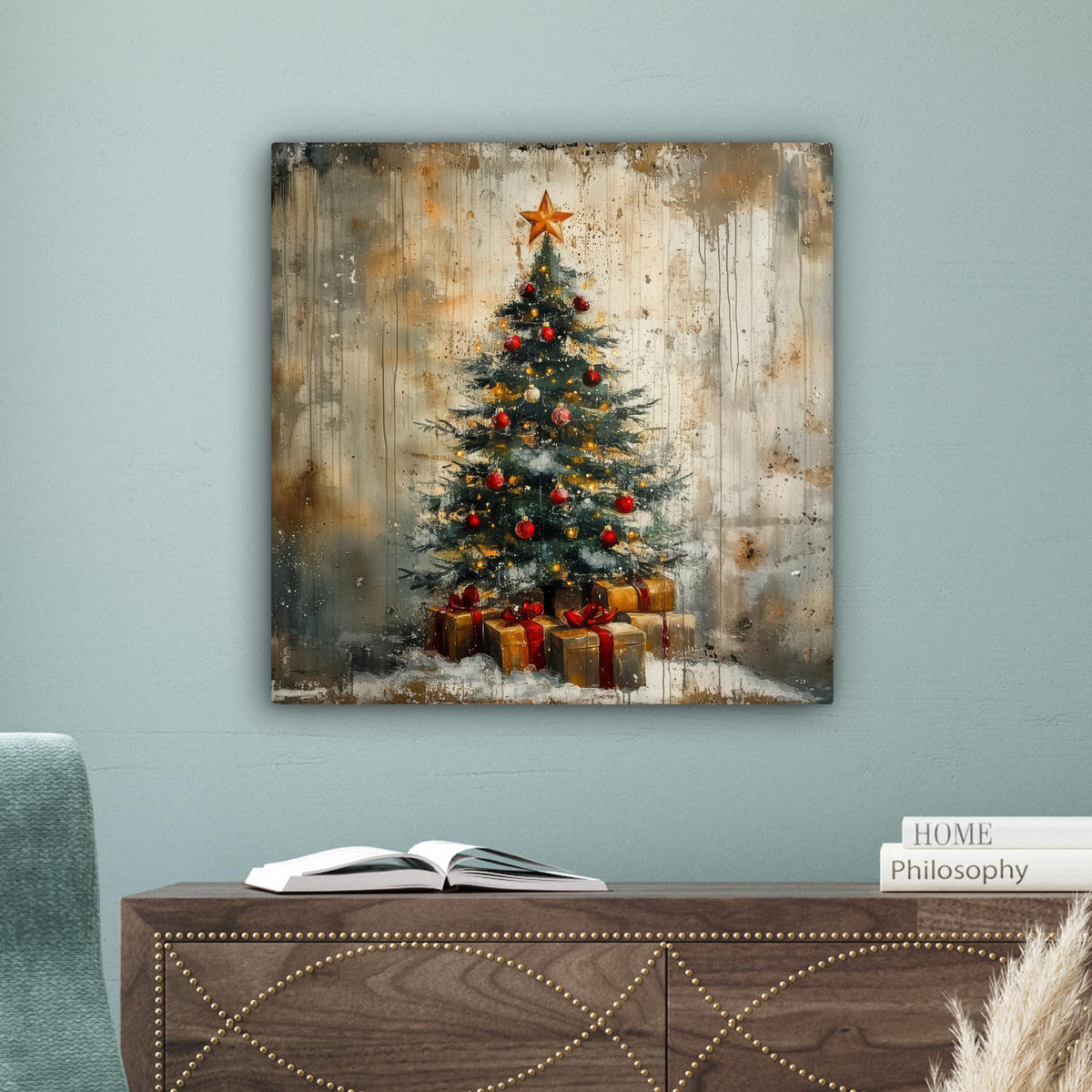 LEINWANDBILD Weihnachtsbaum - Vintage - Weihnachten - Geschenk 50x50 cm - Rostfarben, Textil (50/50cm) - MuchoWow