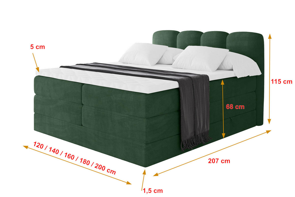 BOXSPRINGBETT mit Matratze H3/H4 - NINA KING - 160x200 cm Grün - Waldgrün, Holzwerkstoff (160/200cm) - ALTDECOR