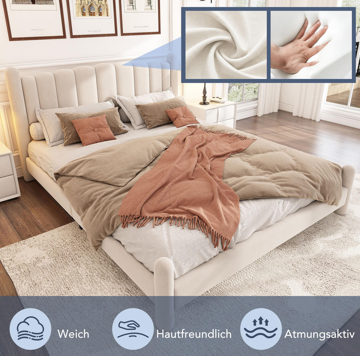 POLSTERBETT 180/200 cm in Beige aus Samt mit Lattenrost und Wellenkopfteil - Beige, Textil (180/200cm) - Flora Grace