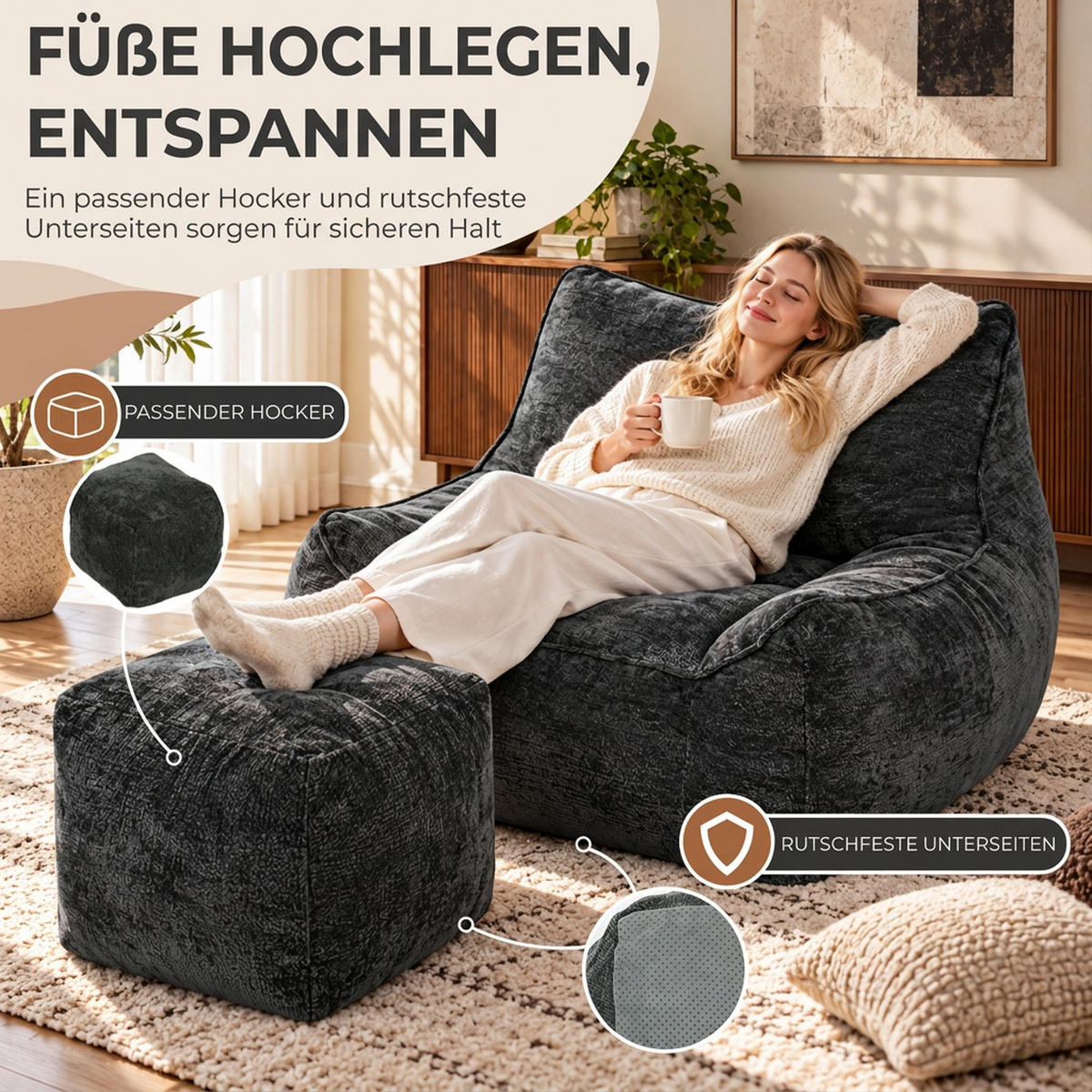 SITZSACK mit Hocker Polyester Grau - Grau, Textil (108/80/109cm) - HOMCOM