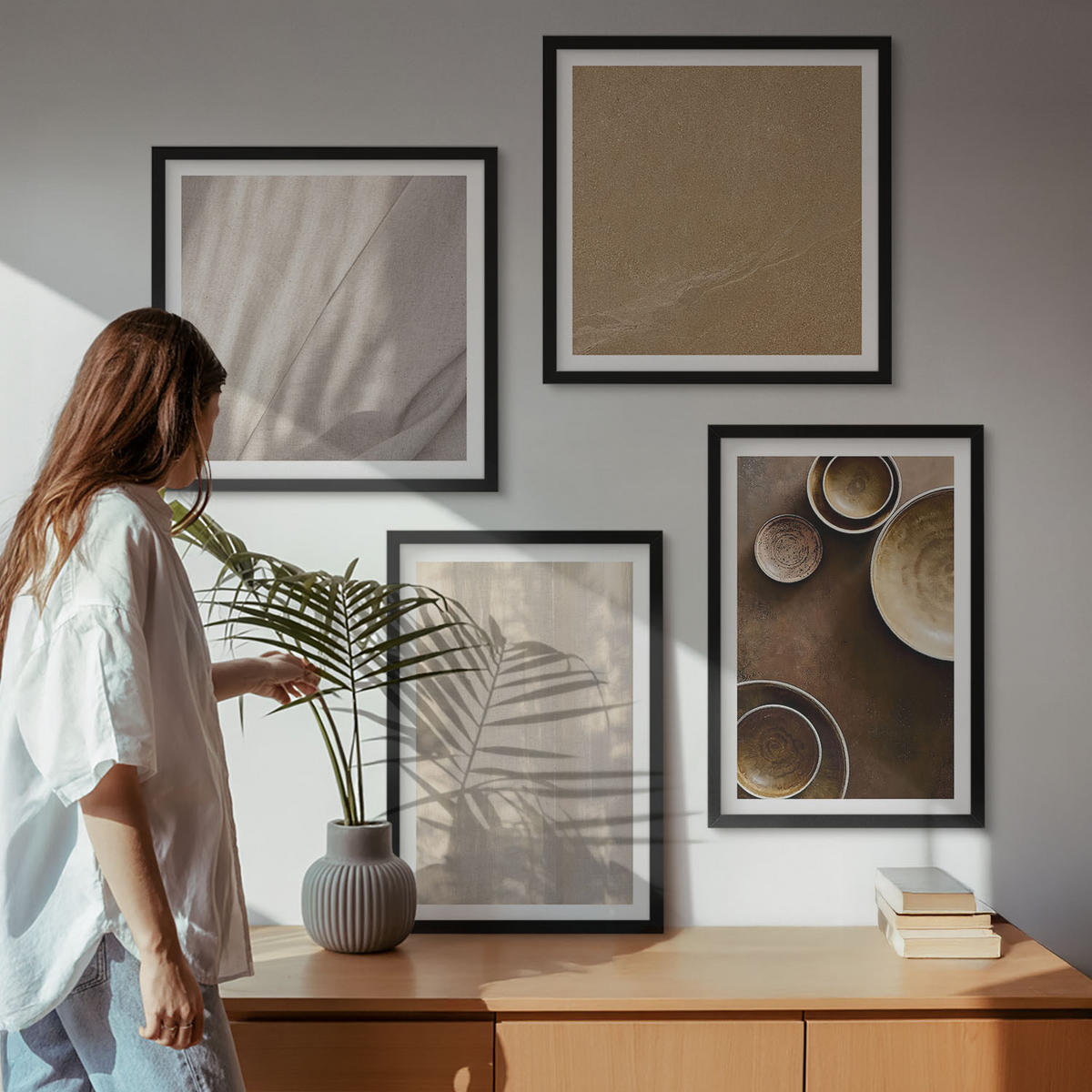 BILDER SET 4er Set - 50x50 cm & 40x60 cm Schwarzer Rahmen - Strukturen, Texturen, Minimalismus - Schwarz, Kunststoff (50/50cm) - TULUP