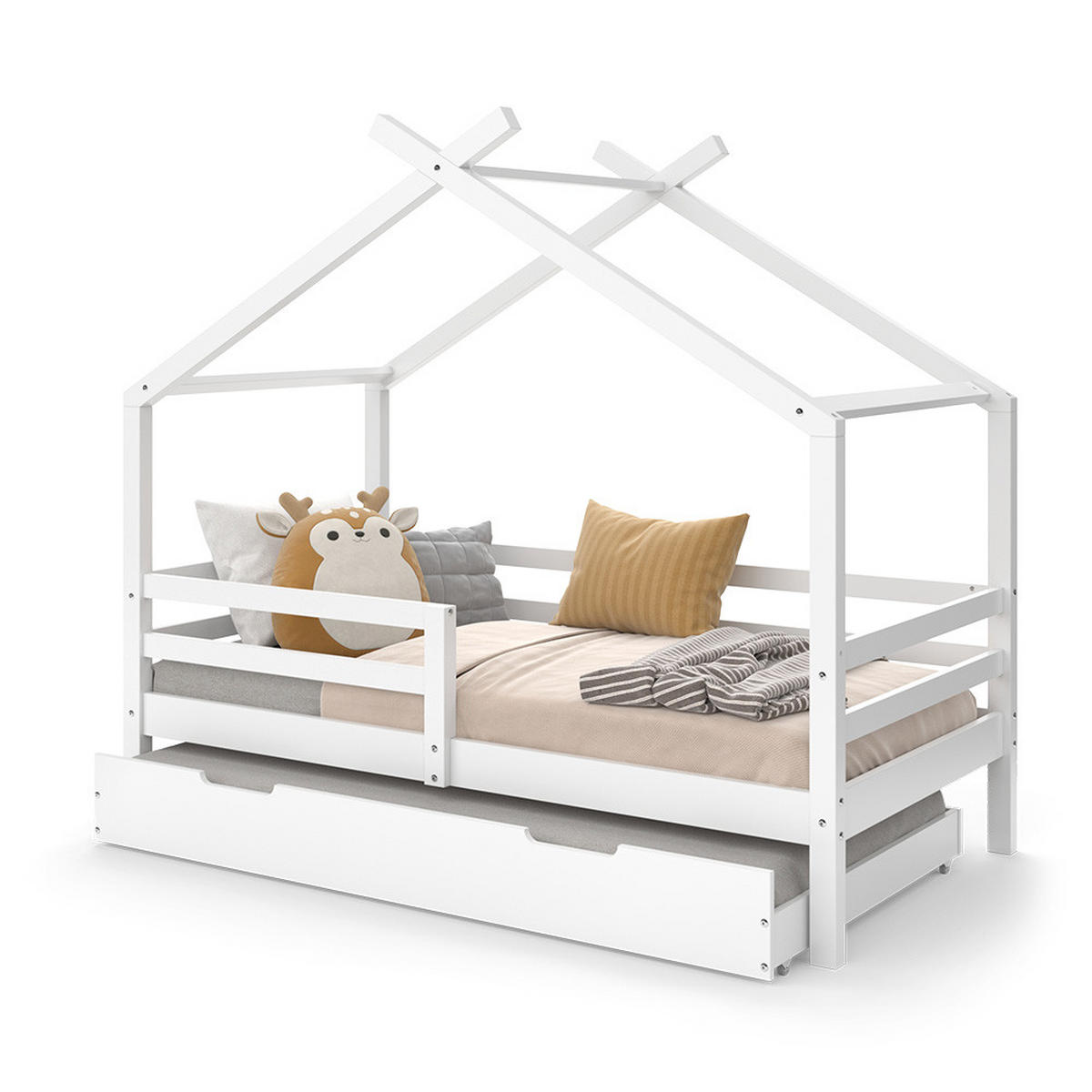 HAUSBETT Luni Weiß 160 x 80 cm mit ausziehbarem Gästebett - Weiß, Holz - VitaliSpa