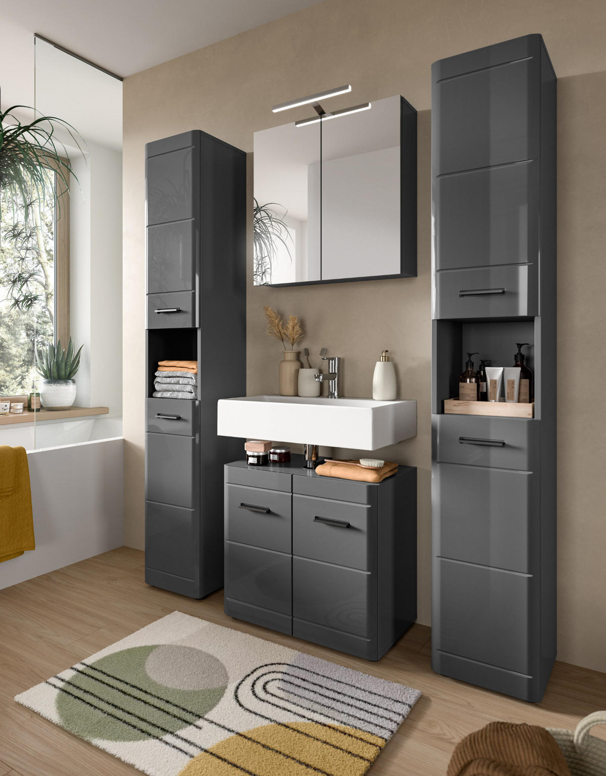 WASCHBECKENUNTERSCHRANK grau Hochglanz 60 cm mit Soft-Close - Schwarz/Grau, Holzwerkstoff/Kunststoff (60/56/34cm) - Inn.Furn