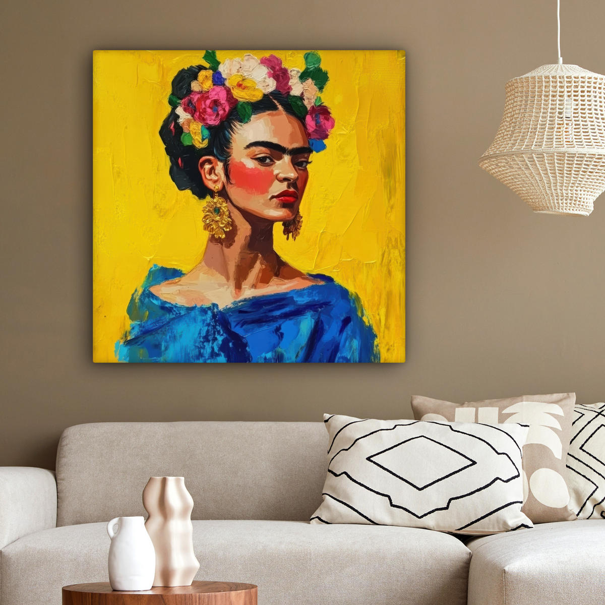 LEINWANDBILD Frida Kahlo - Frau - Gelb - Blau - Blumen 90x90 cm - Gelb, Textil (90/90cm) - MuchoWow