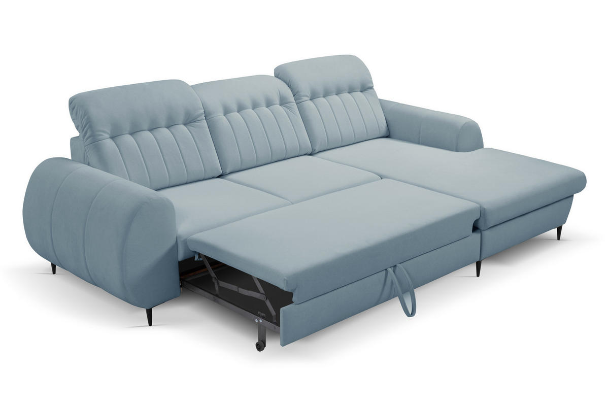 ECKSOFA PURO R-S Blau Plüsch-Stoff mit Schlaffunktion - Blau, Holz (275/166cm) - MASSENO