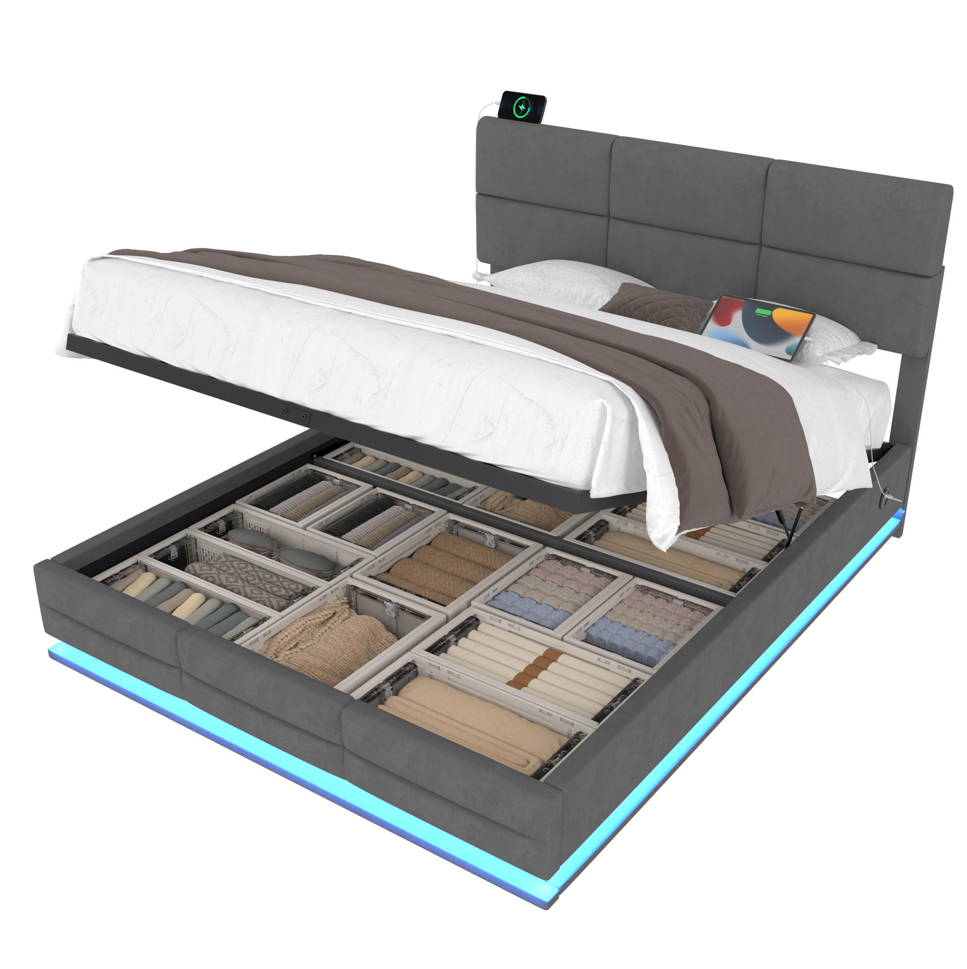 POLSTERBETT 160/200 cm dunkelgrau aus Samt mit LED, USB und Stauraum - Dunkelgrau, Textil (160/200cm) - OKWISH