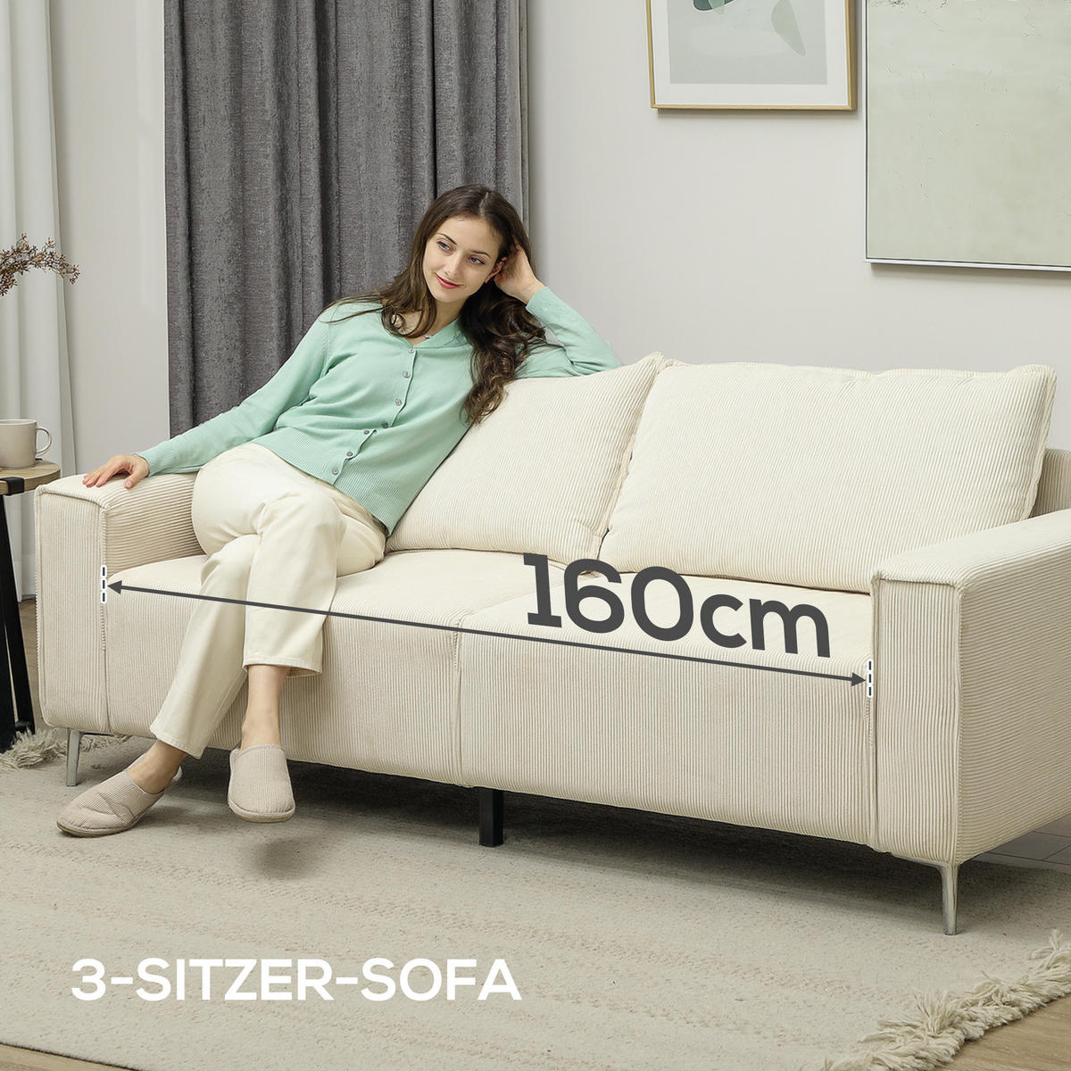 3-SITZER Sofa, Couch mit Armlehnen, Rückenkissen, für Wohnzimmer, Schlafzimmer - Silberfarben/Creme, Textil/Metall (77/80/193cm) - HOMCOM