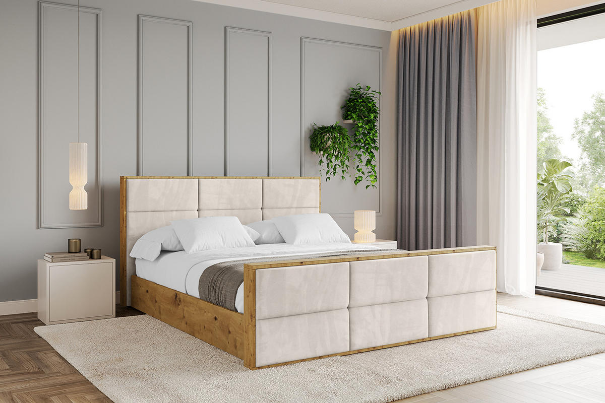 POLSTERBETT mit Bettkasten, Fußteil und Lattenrost, Boxbett mit Matratze H3/H4 - ENZO1-Z 120x200 Beige - Beige, Holzwerkstoff/Textil (120/200cm) - ALTDECOR