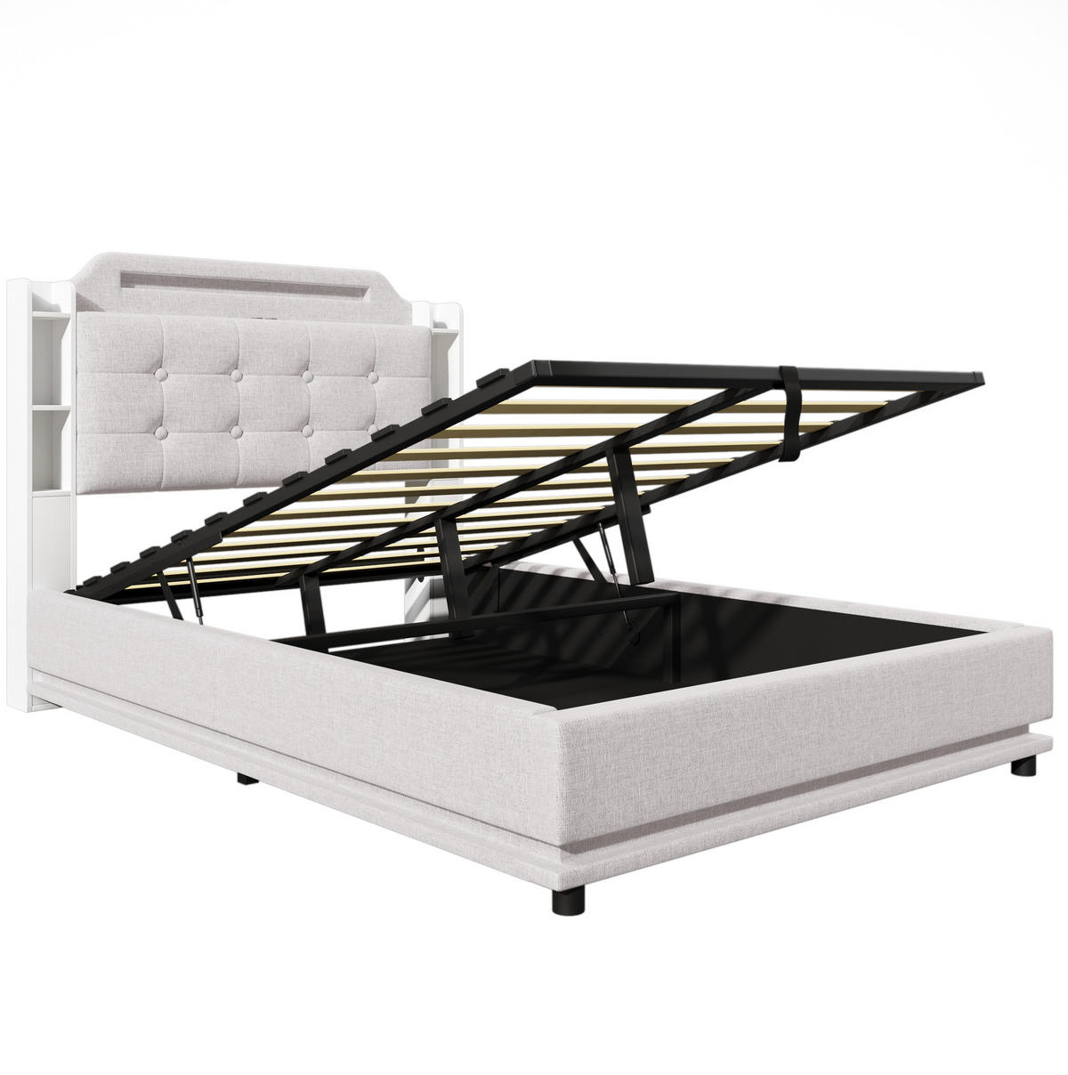 POLSTERBETT mit Bettkasten 140x200 cm Leinen Beige mit LED - Beige, Metall (140/200cm) - Meubliv