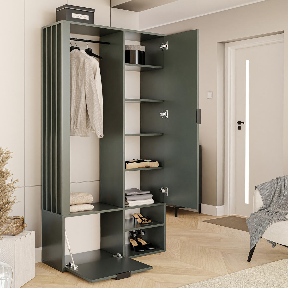 GARDEROBENSCHRANK mit Spiegel-mit Ablagen und Kleiderstange - Grün, Holzwerkstoff (100/190/33cm) - Idohome